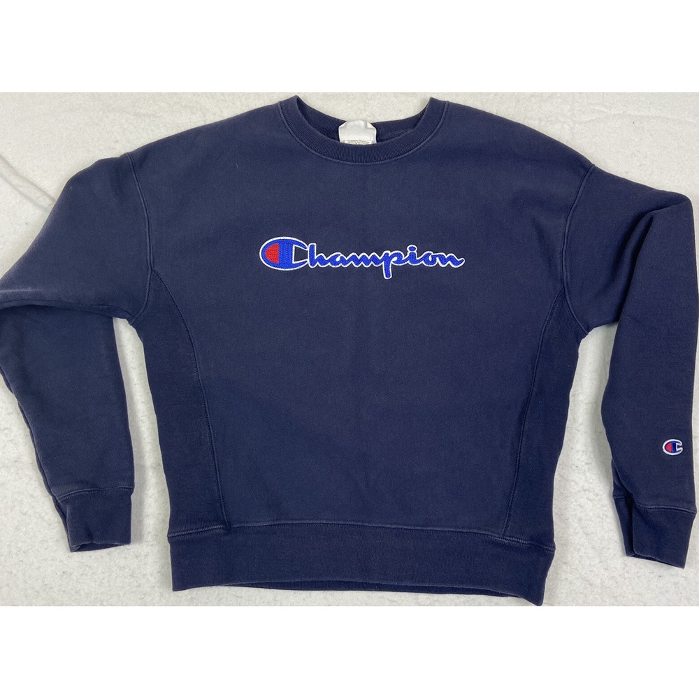 Champion Sweatshirt Crew Neck Script Logo Reverse Weave Blue Medium
